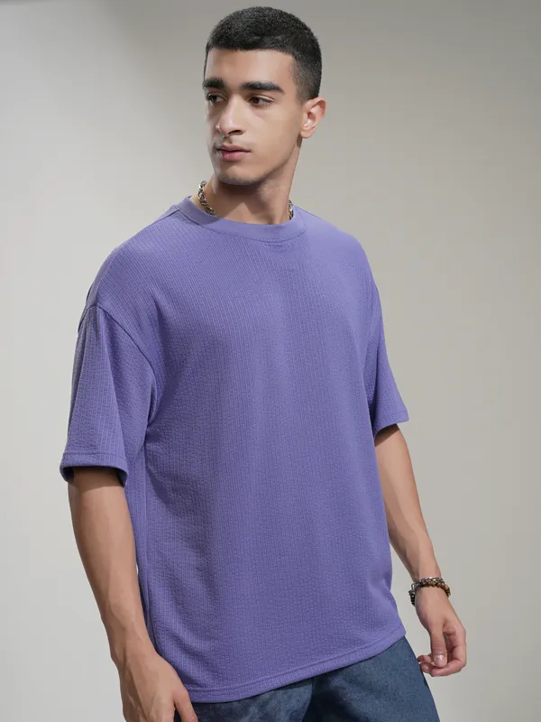 Highlander Men Purple Self Design Round Neck Oversized Fit T-Shirt