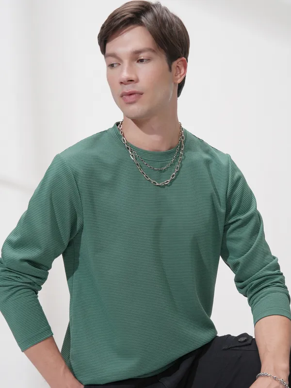 Highlander Men Teal Self Design Round Neck Relaxed Fit T-Shirt