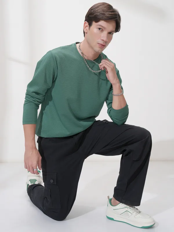 Highlander Men Teal Self Design Round Neck Relaxed Fit T-Shirt