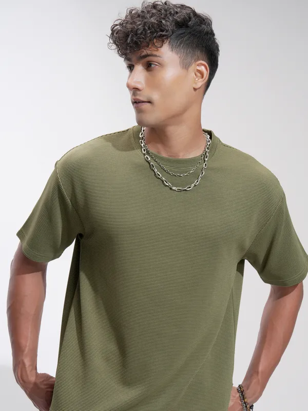 Highlander Men Olive Self Design Relaxed Fit T-Shirt