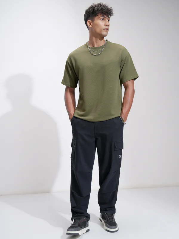 Highlander Men Olive Self Design Relaxed Fit T-Shirt