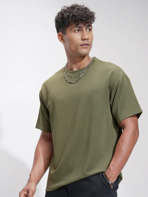 Highlander Men Olive Self Design Relaxed Fit T-Shirt
