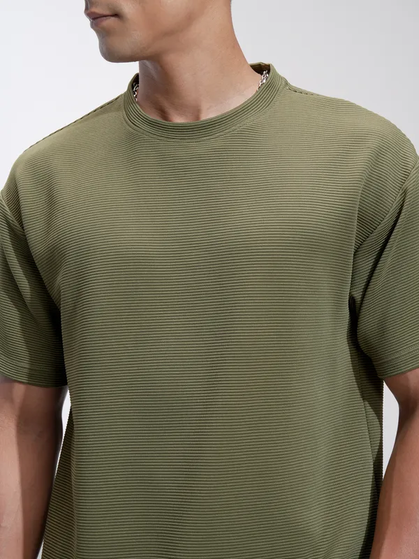 Highlander Men Olive Self Design Relaxed Fit T-Shirt