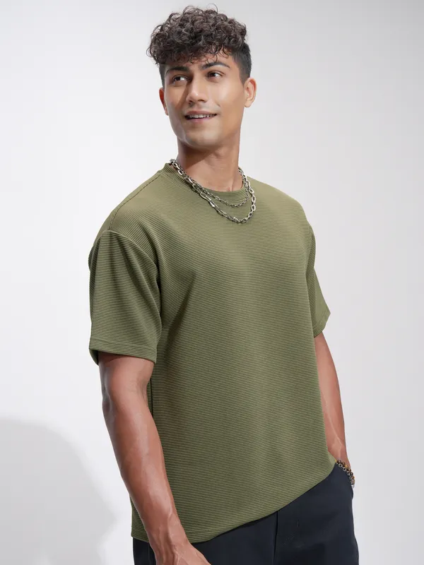 Highlander Men Olive Self Design Relaxed Fit T-Shirt