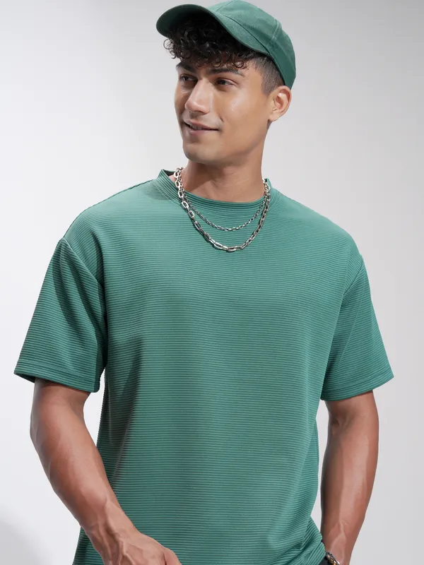Highlander Men Teal Self Design Relaxed Fit T-Shirt