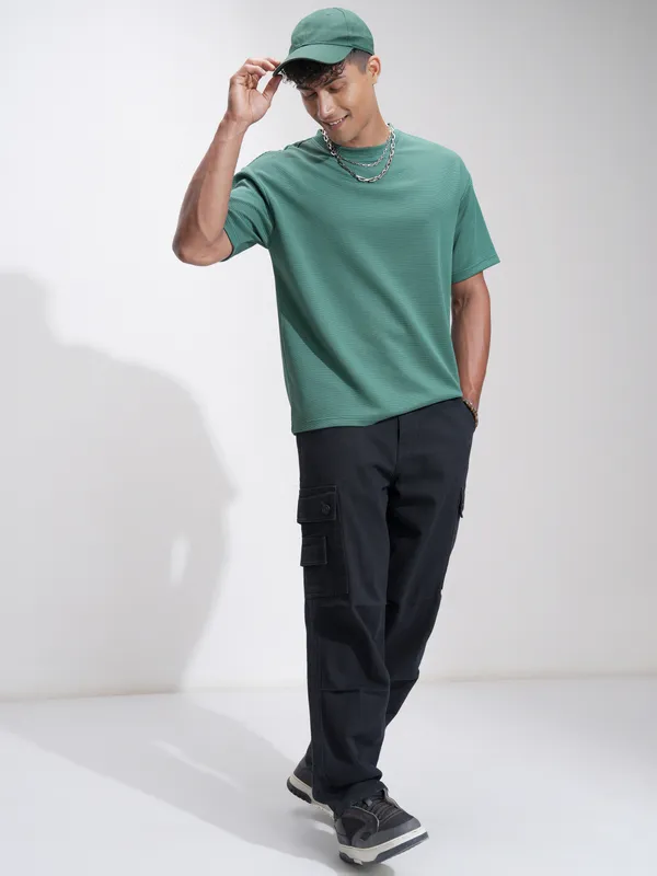 Highlander Men Teal Self Design Relaxed Fit T-Shirt