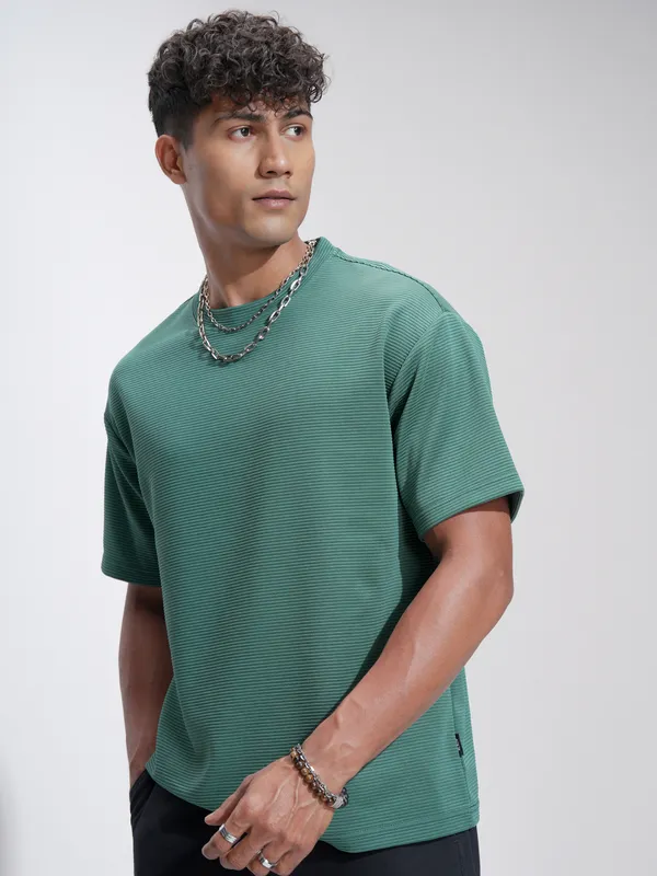 Highlander Men Teal Self Design Relaxed Fit T-Shirt