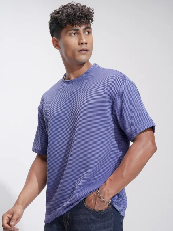 Highlander Men Purple Self Design Relaxed Fit T-Shirt
