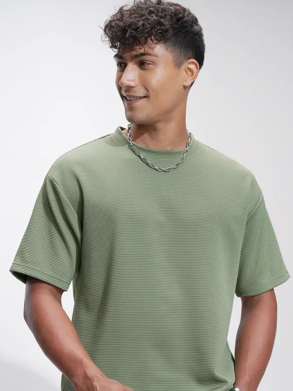 Highlander Men Olive Self Design Relaxed Fit T-Shirt
