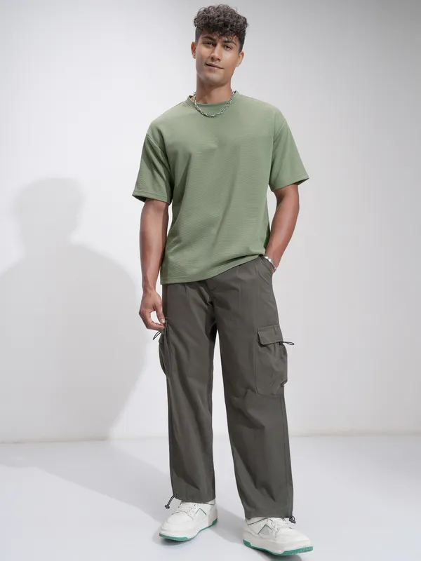 Highlander Men Olive Self Design Relaxed Fit T-Shirt