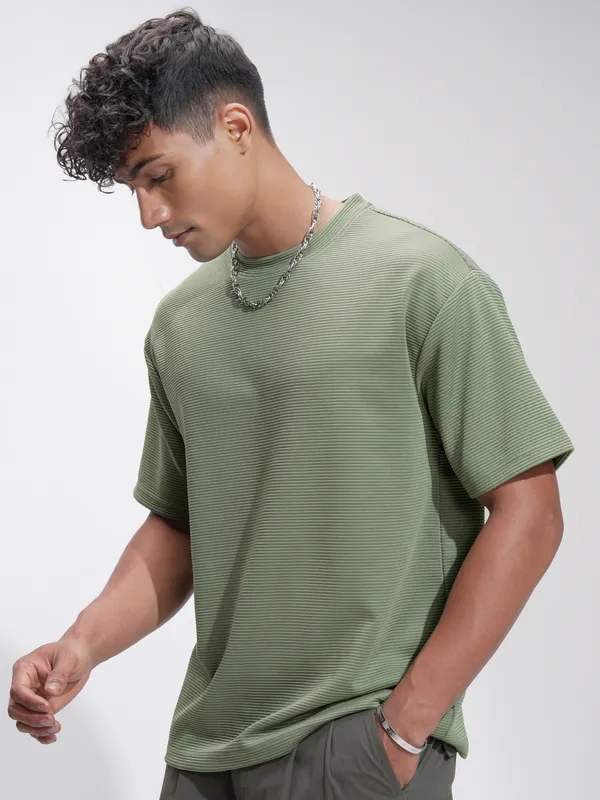 Highlander Men Olive Self Design Relaxed Fit T-Shirt