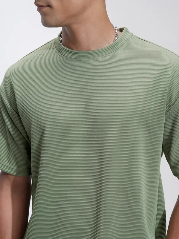 Highlander Men Olive Self Design Relaxed Fit T-Shirt