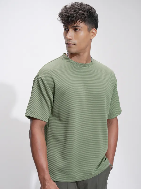 Highlander Men Olive Self Design Relaxed Fit T-Shirt