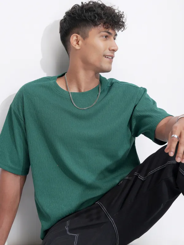 Highlander Men Teal Self Design Relaxed Fit T-Shirt