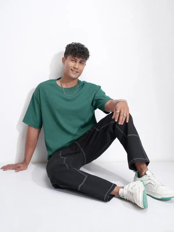 Highlander Men Teal Self Design Relaxed Fit T-Shirt