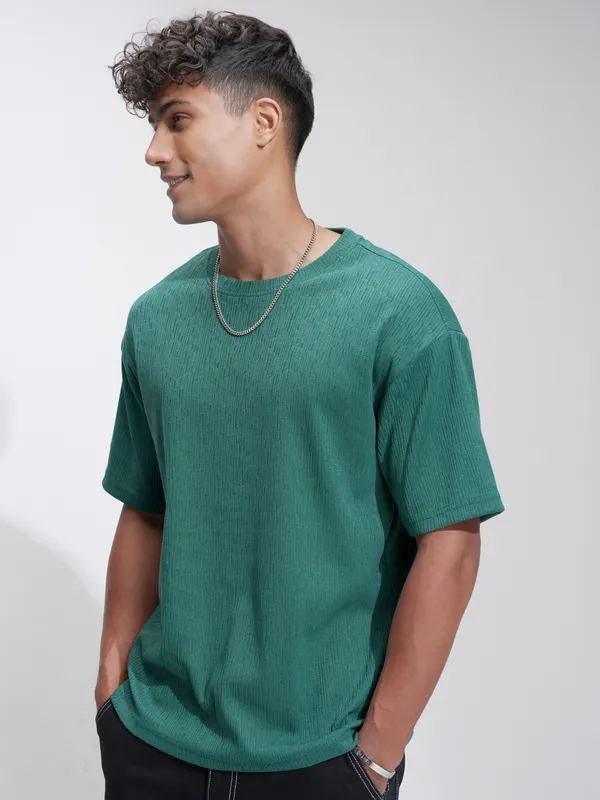 Highlander Men Teal Self Design Relaxed Fit T-Shirt