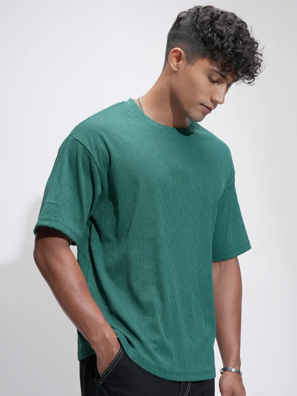 Highlander Men Teal Self Design Relaxed Fit T-Shirt