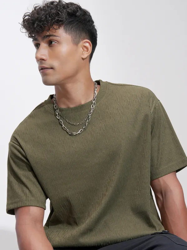 Highlander Men Olive Self Design Relaxed Fit T-Shirt