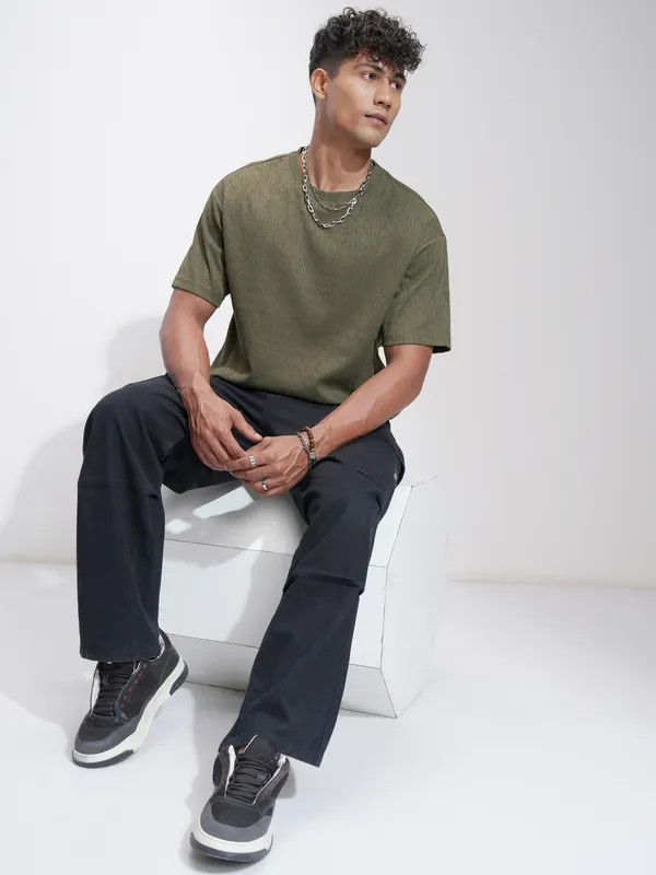 Highlander Men Olive Self Design Relaxed Fit T-Shirt