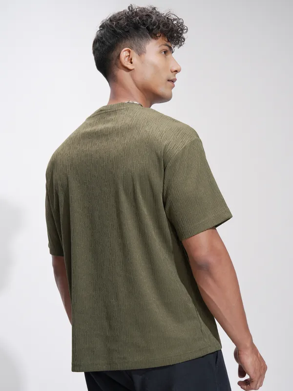 Highlander Men Olive Self Design Relaxed Fit T-Shirt