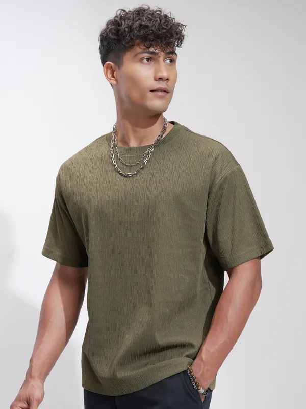 Highlander Men Olive Self Design Relaxed Fit T-Shirt