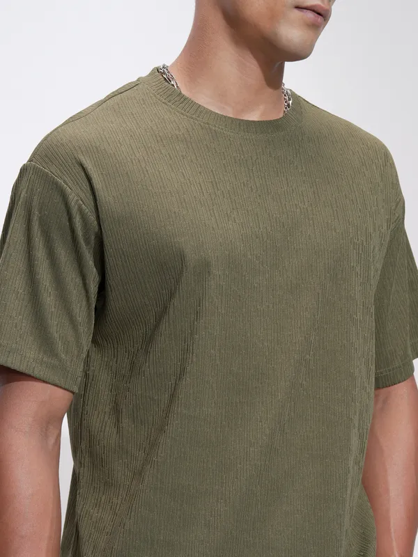 Highlander Men Olive Self Design Relaxed Fit T-Shirt