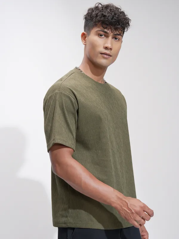 Highlander Men Olive Self Design Relaxed Fit T-Shirt