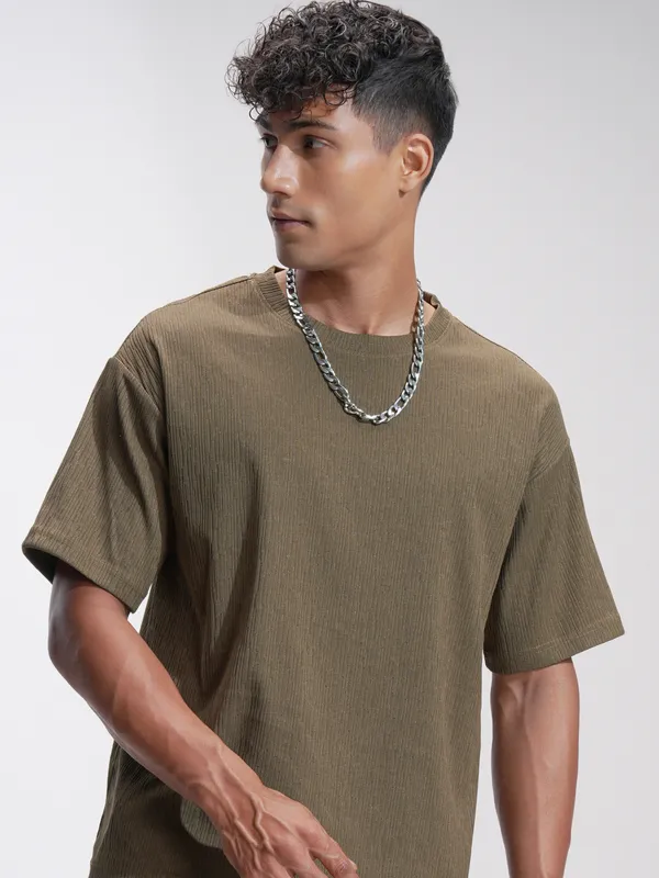 Highlander Men Brown Self Design Relaxed Fit T-Shirt