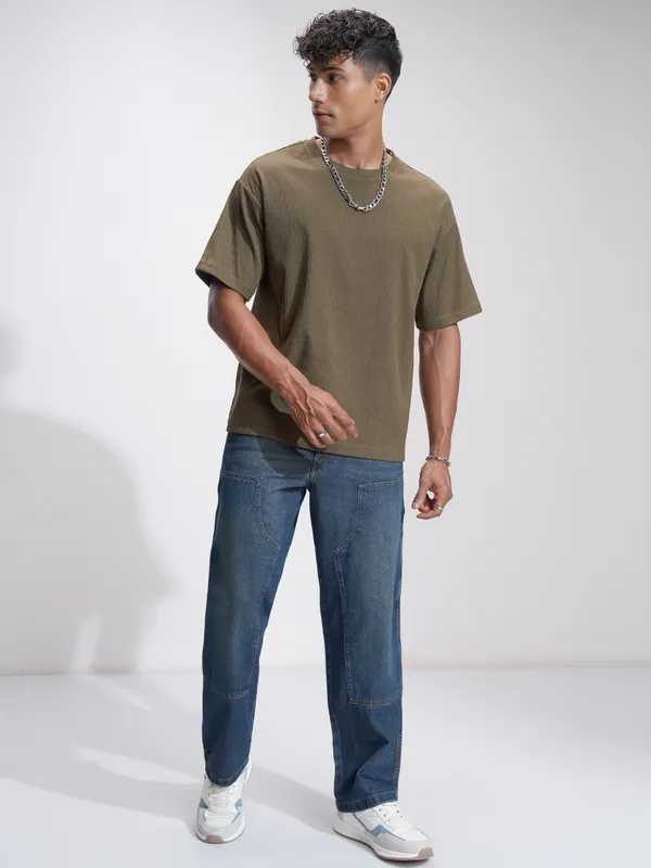 Highlander Men Brown Self Design Relaxed Fit T-Shirt