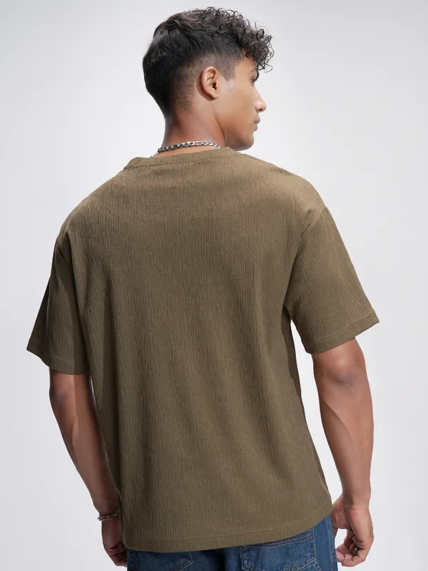 Highlander Men Brown Self Design Relaxed Fit T-Shirt