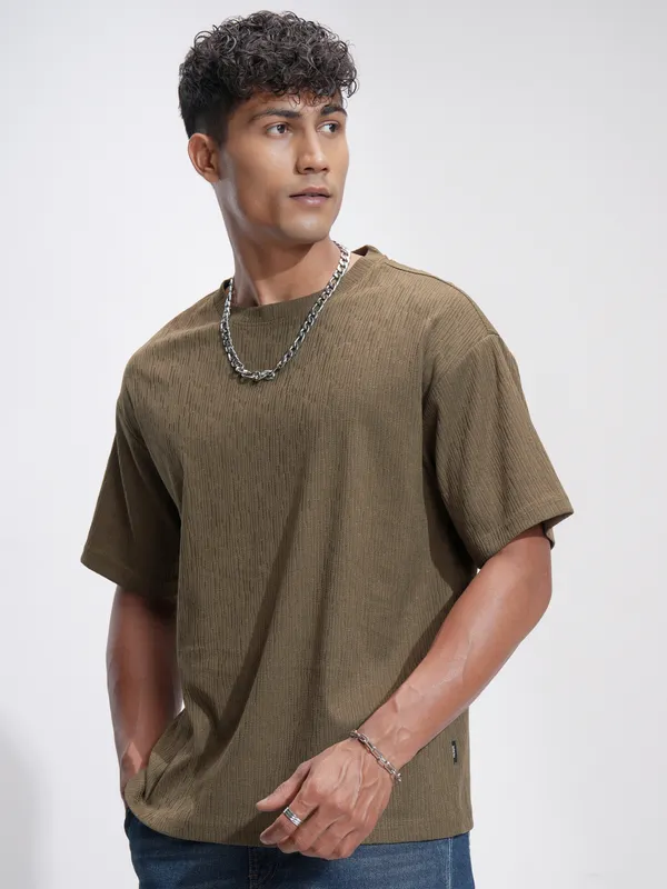 Highlander Men Brown Self Design Relaxed Fit T-Shirt