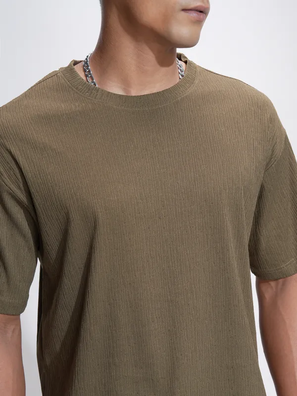 Highlander Men Brown Self Design Relaxed Fit T-Shirt