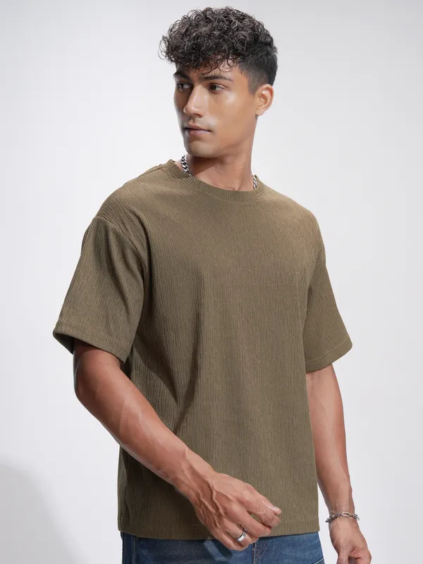 Highlander Men Brown Self Design Relaxed Fit T-Shirt