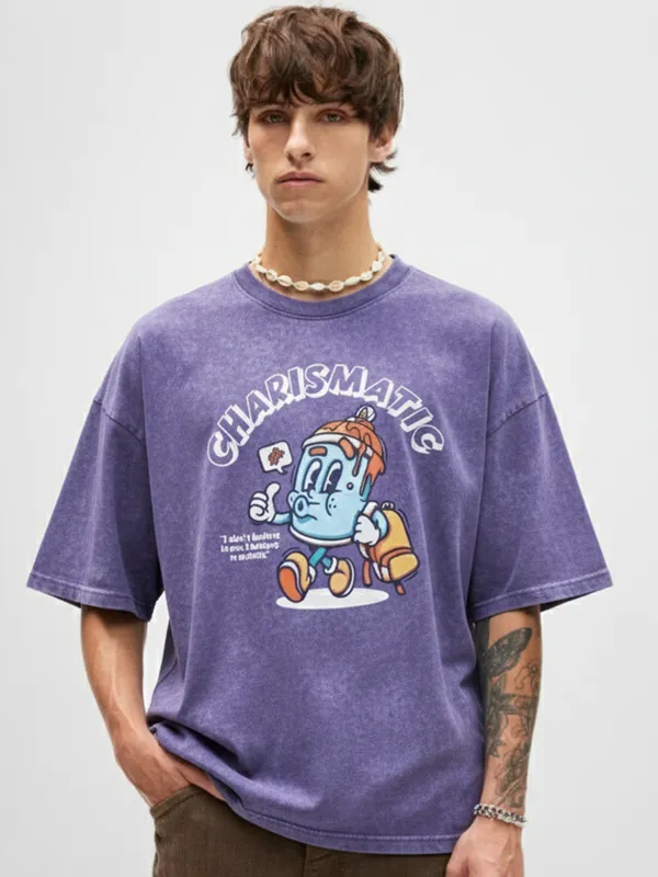 Highlander Men Blue Printed Round Neck Oversized Fit T-Shirt