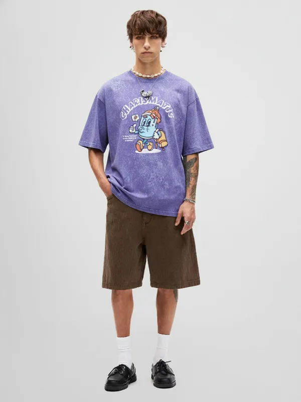 Highlander Men Blue Printed Round Neck Oversized Fit T-Shirt