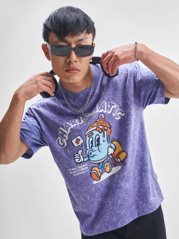 Highlander Men Blue Printed Round Neck Oversized Fit T-Shirt