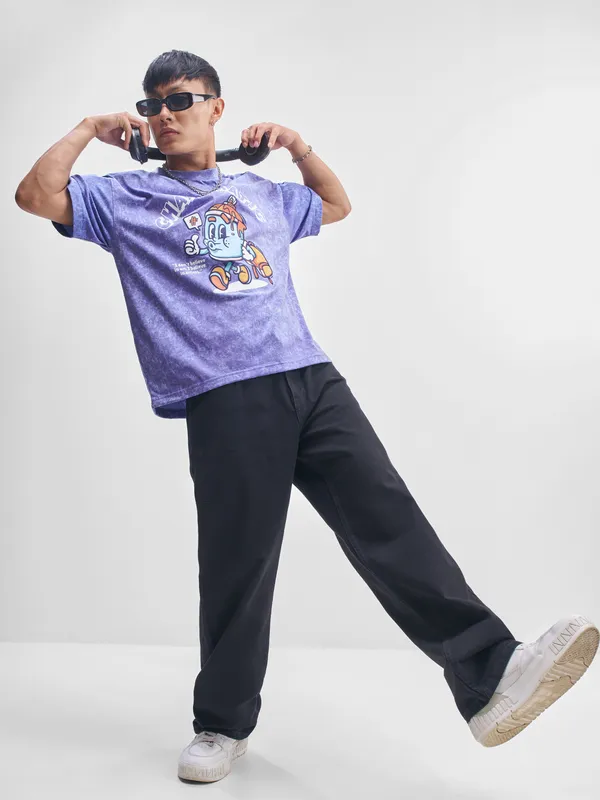 Highlander Men Blue Printed Round Neck Oversized Fit T-Shirt