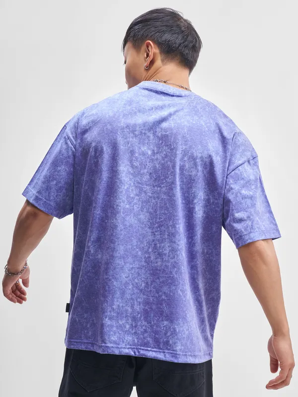 Highlander Men Blue Printed Round Neck Oversized Fit T-Shirt