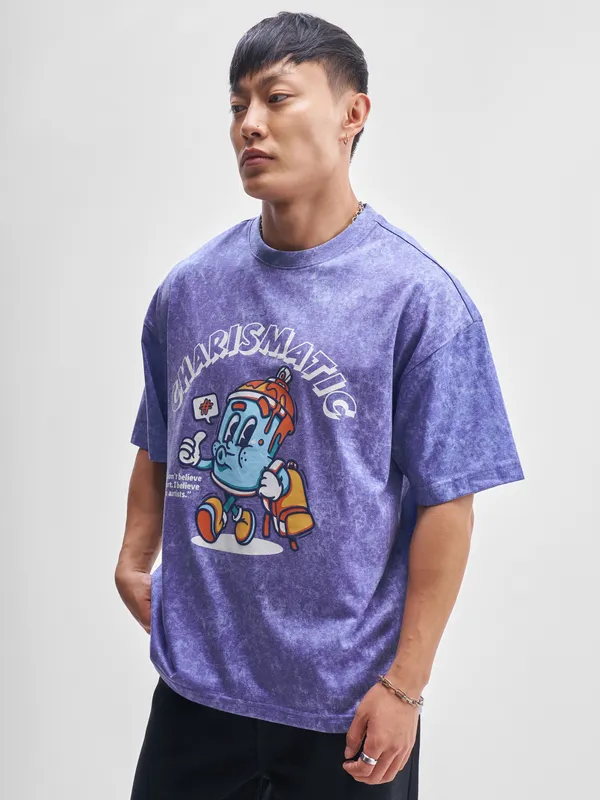 Highlander Men Blue Printed Round Neck Oversized Fit T-Shirt