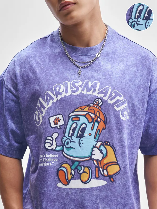 Highlander Men Blue Printed Round Neck Oversized Fit T-Shirt