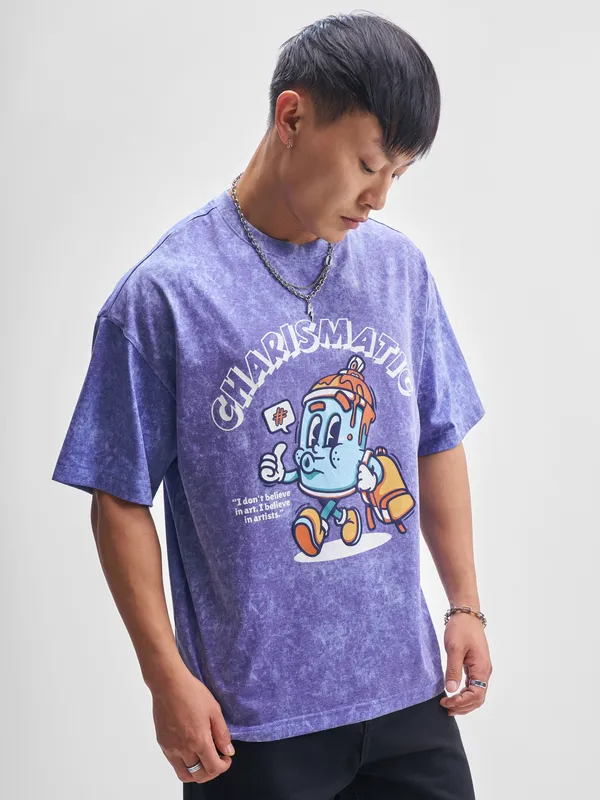 Highlander Men Blue Printed Round Neck Oversized Fit T-Shirt