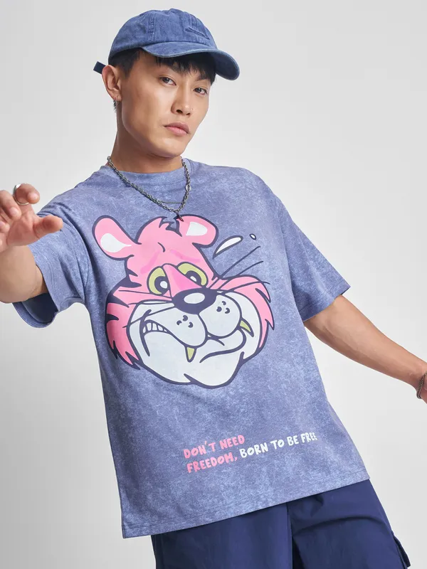 Highlander Men Blue Printed Round Neck Oversized Fit T-Shirt