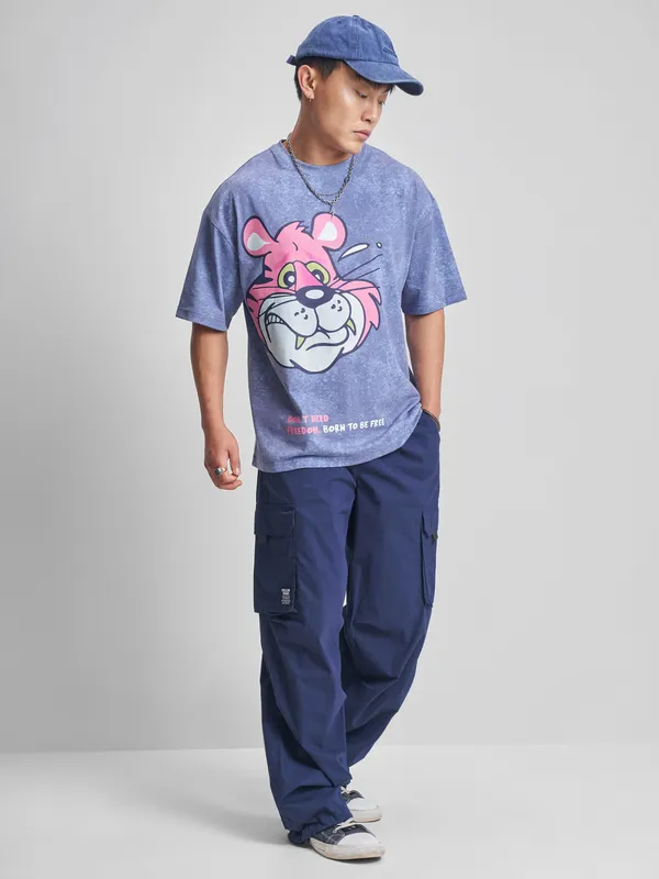 Highlander Men Blue Printed Round Neck Oversized Fit T-Shirt