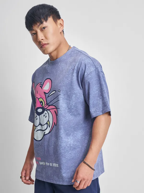 Highlander Men Blue Printed Round Neck Oversized Fit T-Shirt