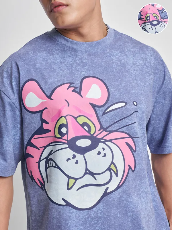 Highlander Men Blue Printed Round Neck Oversized Fit T-Shirt