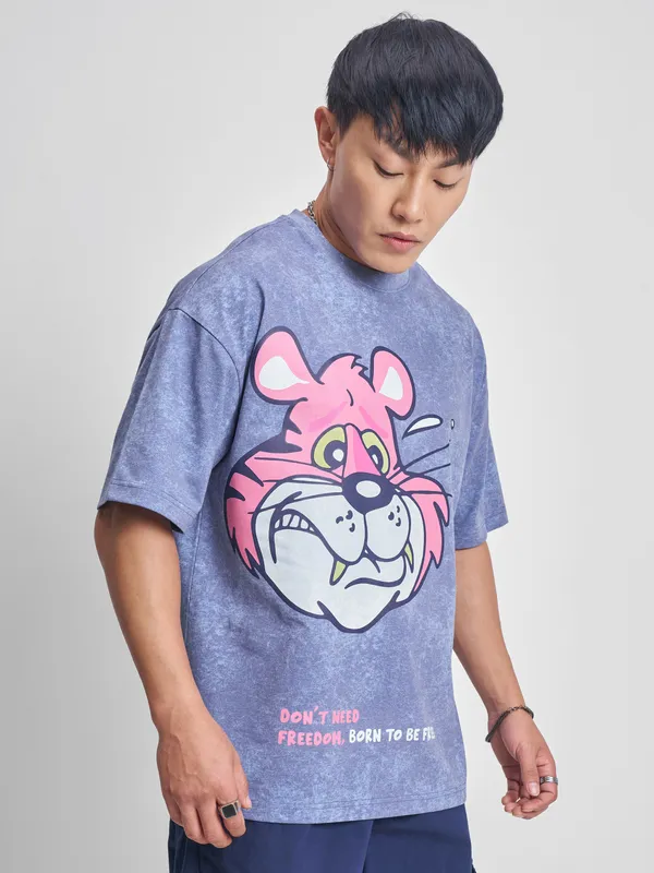 Highlander Men Blue Printed Round Neck Oversized Fit T-Shirt