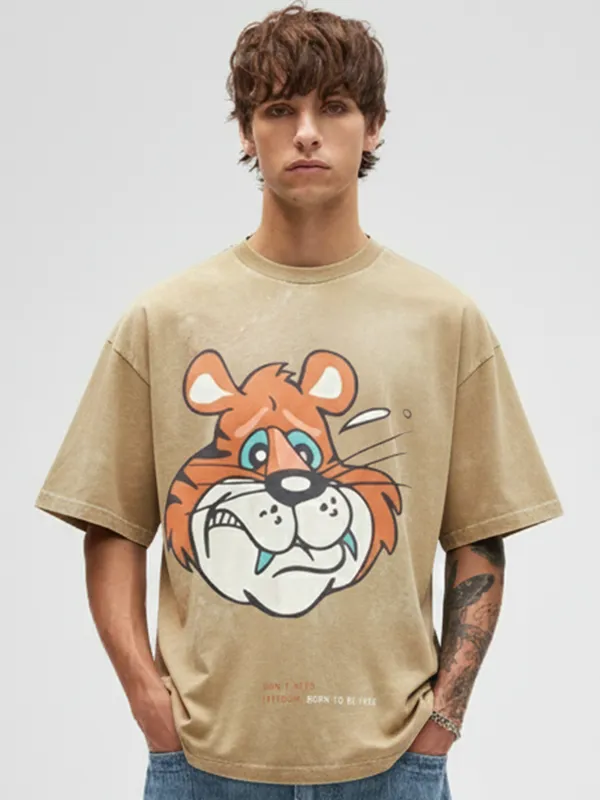 Highlander Men Beige Printed Round Neck Oversized Fit T-Shirt