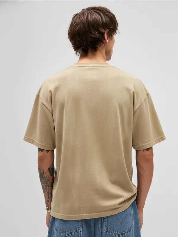 Highlander Men Beige Printed Round Neck Oversized Fit T-Shirt