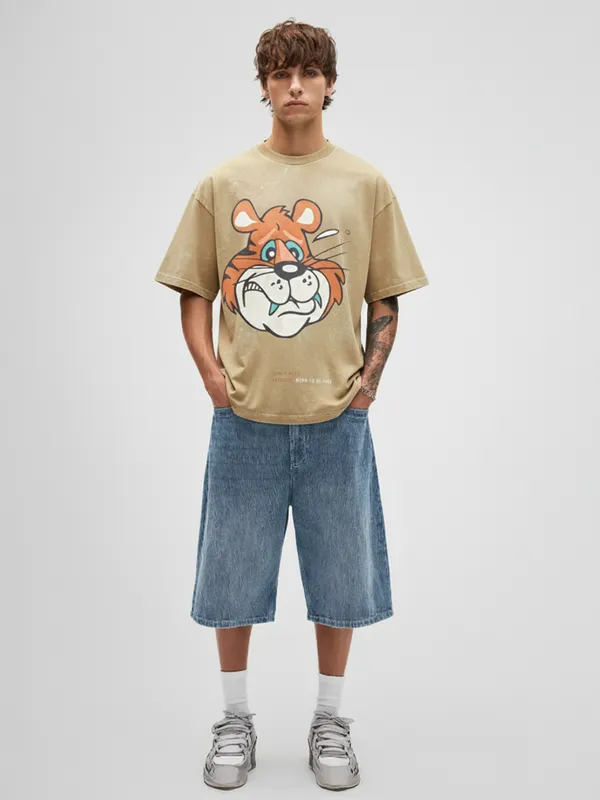 Highlander Men Beige Printed Round Neck Oversized Fit T-Shirt