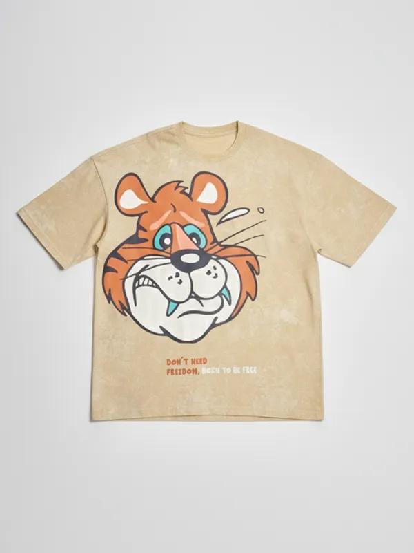 Highlander Men Beige Printed Round Neck Oversized Fit T-Shirt